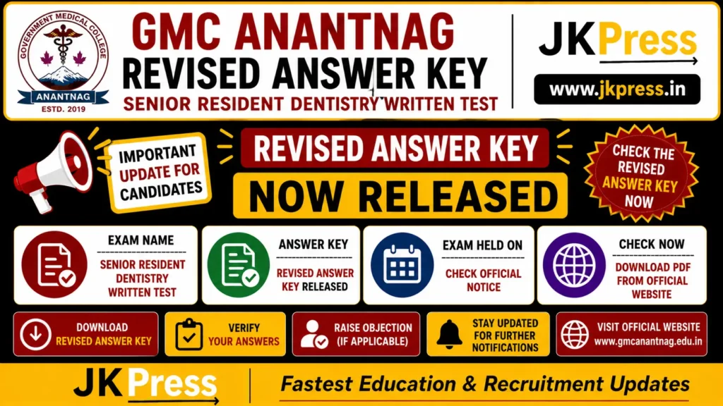 GMC Anantnag Released Revised Answer Key for Senior Resident Dentistry Written Test