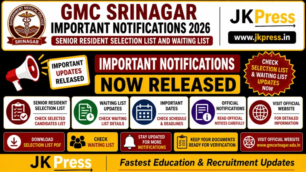 GMC Srinagar Important Notifications 2026 Senior Resident Selection List and Waiting List Updates Released