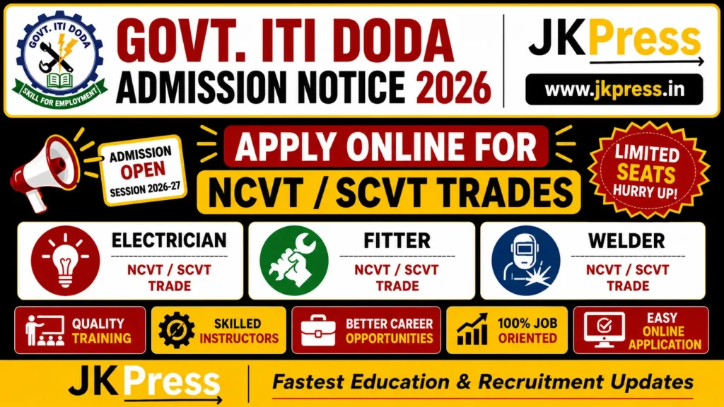 Govt. ITI Doda Admission Notice 2026 Apply Online for NCVTSCVT Trades