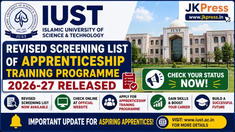 IUST Revised Screening List of Apprenticeship Training Programme 2026-27 Released