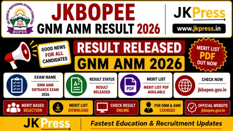 JKBOPEE GNM ANM Result 2026 Released Merit List PDF Out at jkbopee.gov.in