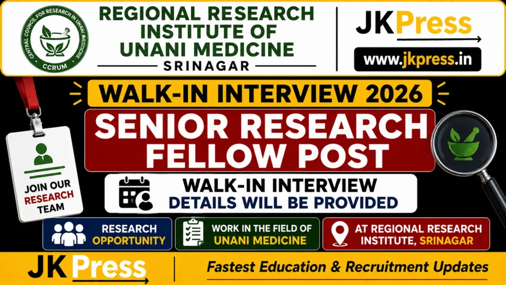 Regional Research Institute of Unani Medicine Srinagar Walk-in Interview 2026 for Senior Research Fellow Post
