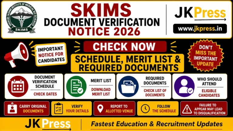 SKIMS Document Verification Notice 2026 Check Schedule, Merit List and Required Documents