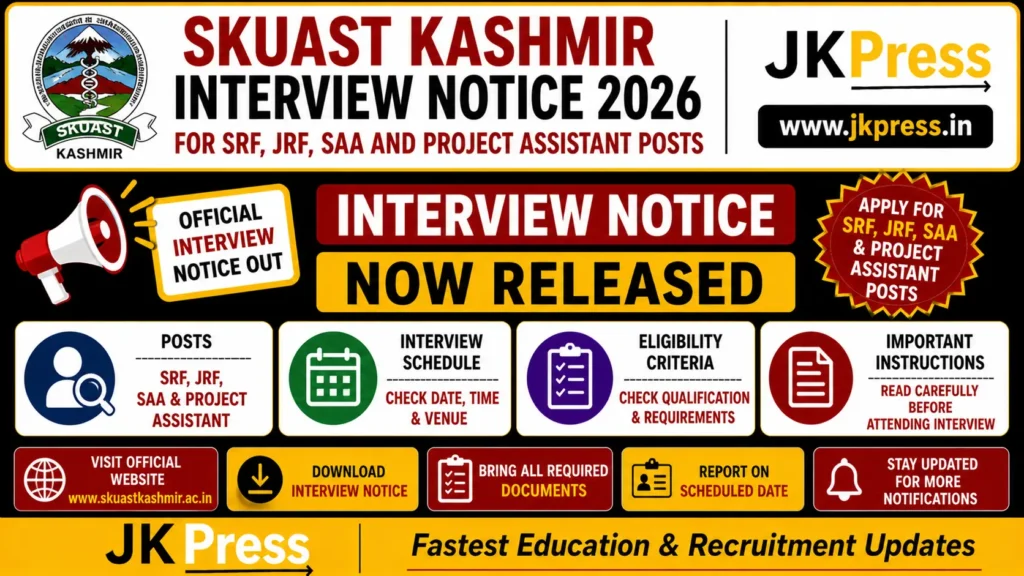 SKUAST Kashmir Interview Notice 2026 Released for SRF, JRF, SAA and Project Assistant Posts
